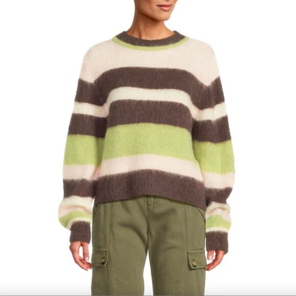 BA&SH Maria Striped Alpaca Wool Sweater Green Brown Pink Crewneck Women's Medium - Picture 1 of 11